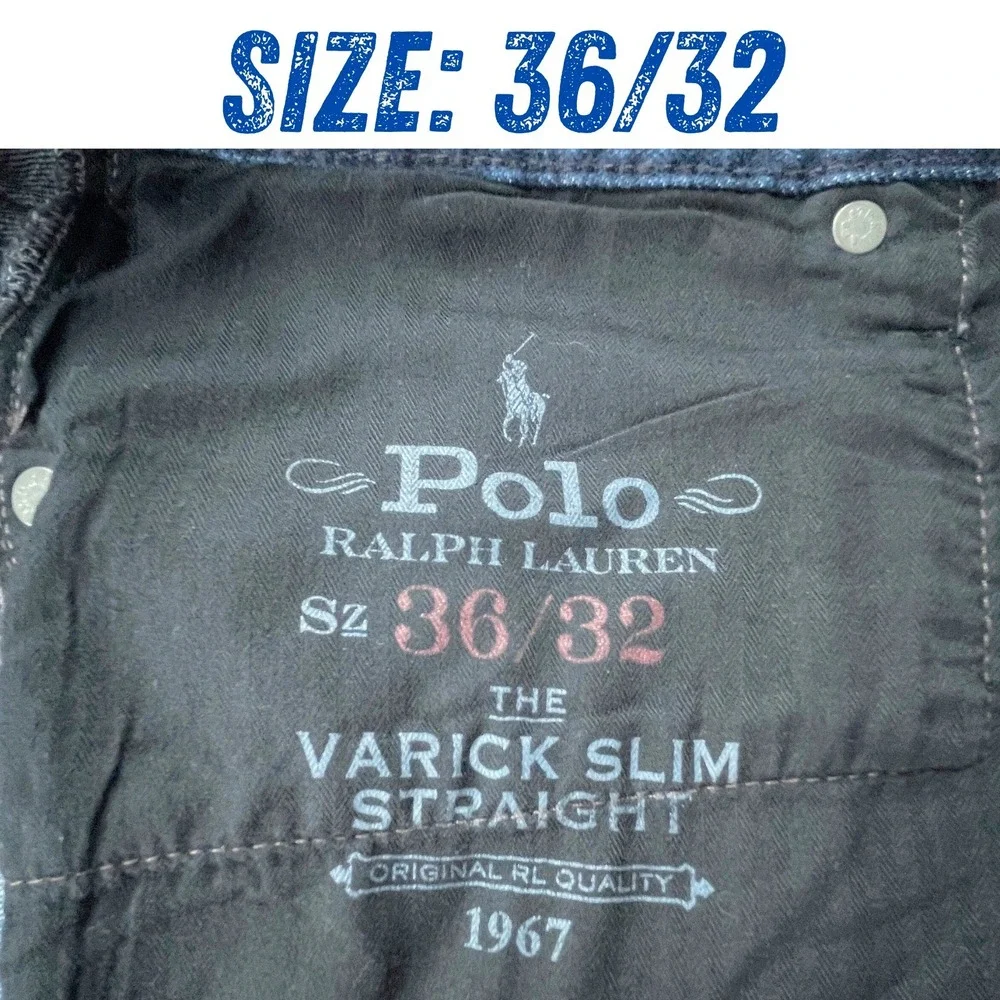Polo Ralph Lauren Mens 36/32 Varick Slim Straight Jeans Dark Indigo Blue Stretch